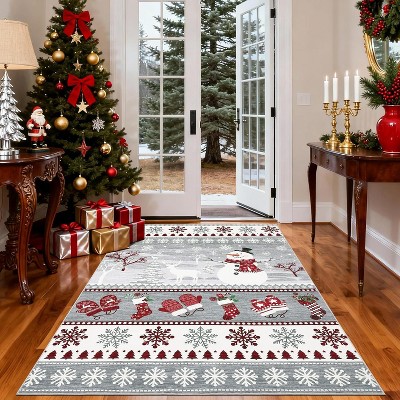Christmas Runner Rug – Washable, Non-Slip, Santa & Reindeer Print, Low Pile, Foldable Carpet for Hallway, Kitchen, Bedside