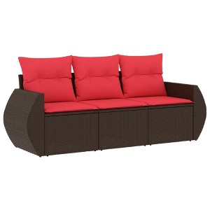 vidaXL 3 Piece Patio Sofa Set with Cushions Brown Poly Rattan - 1 of 4