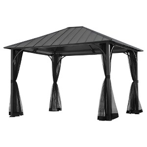 Sunjoy 11 x 13 Foot Hildreth Screened Gazebo Outdoor Canopy Tent Backyard Patio Shaded Shelter with Steel Roof Top and Stable Aluminum Posts, Black - 1 of 4