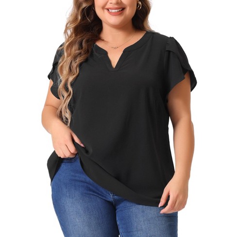 Agnes Orinda Women's Plus Size Casual Summer Dressy Petal Short Sleeve Split Neck Blouses - image 1 of 4