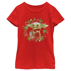 Girl's Star Wars The Mandalorian Christmas The Child Wreath T-Shirt - 1 of 4