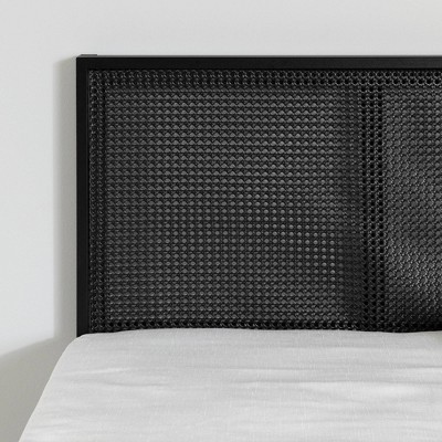 Full Black Metal Platform Bed with Natural Cane Headboard