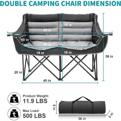 Diagram of double camping chair dimensions with measurements labeled