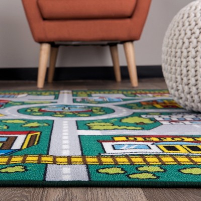 Green Nylon Kids Educational City Life Road Area Rug