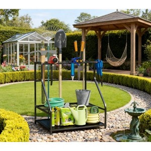 ORRD 3-Tier Garden Tool Organizer with Hooks, Heavy-Duty Yard Tool Storage Rack for Garage & Shed, Black Rust-Resistant Metal Holder - 1 of 4