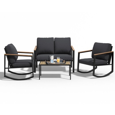 4-Piece Metal Outdoor  Patio Conversation Set with Cushions, 2-Rocking Chairs and Coffee Table
