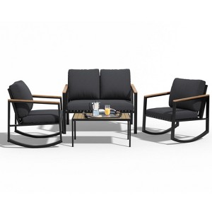 4-Piece Metal Outdoor  Patio Conversation Set with Cushions, 2-Rocking Chairs and Coffee Table - 1 of 4