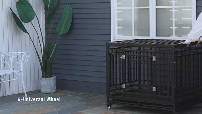 Heavy Duty Black Steel Rolling Dog Crate with Lockable Wheels