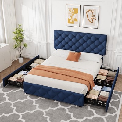 Full/Queen/King Size Bed Frame with 4 Storage Drawers, Faux Leather Upholstered Platform Bed Frame with Adjustable Headboard
