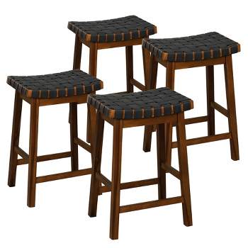 Tangkula Saddle Stools Set of 4 25.5 Inch Counter Height Stools w/ PU Leather Woven Seat Brown
