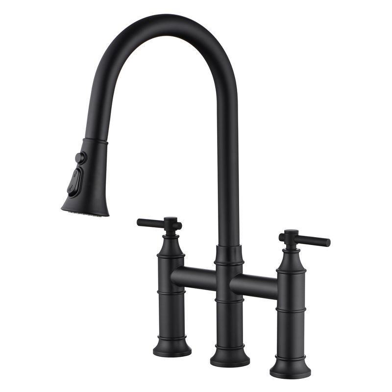 SUMERAIN Bridge Kitchen Faucet with Pull Down Sprayer Matte Black 3 Hole 2 Handle, Stainless Steel, 1 of 11