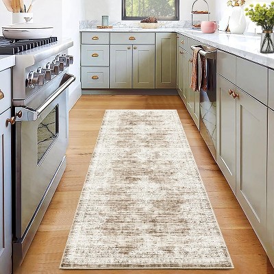 2x6 Washable Vintage Medallion Runner Rug, Low-Pile Non-Slip Hallway, Kitchen, Bedroom Carpet Throw, Soft Indoor Floor Runner, Taupe
