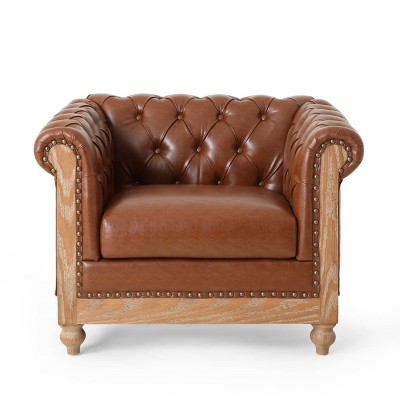 Cognac Brown Chesterfield Faux Leather Club Chair with Nailhead Trim