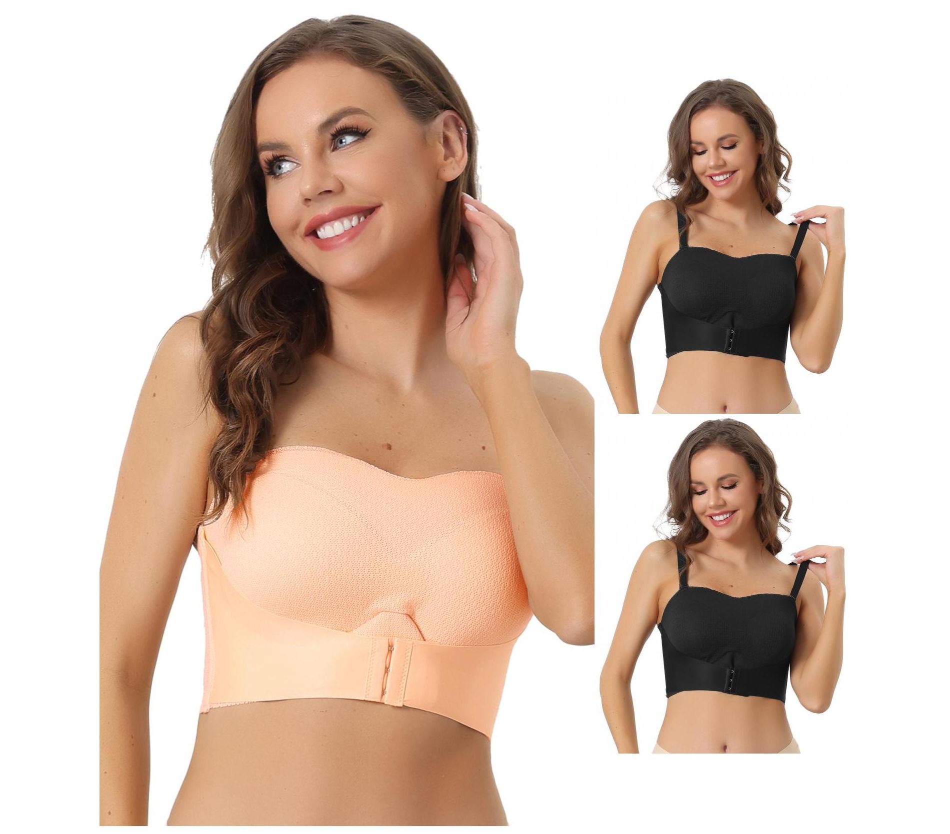 INSPIRE CHIC Women's Wirefree Breathable Push Up Front Bucking Support Strapless Bras 3 Packs 2 Black 1 Beige Large