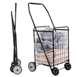 Vynxaria Foldable Shopping Grocery Cart, Rollers, 88lbs Capacity, Compact Portable, Black - 1 of 4