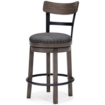 Gray Medium Wood and Metal Swivel Bar Stool with Nailhead Trim