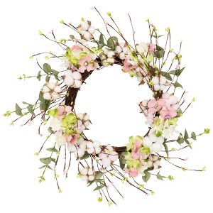 Northlight 18-Inch Pink and Green Hydrangeas with Cotton Artificial Floral Wreath - 1 of 4