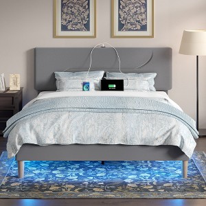 VECELO Twin/Full/Queen Size Bed Frame, Metal Platform Bed with LED Lights, Upholstered Velvet Headboard with Charging Station, Gray/Beige - 1 of 4