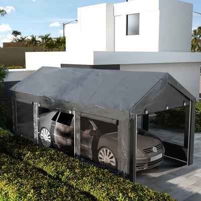 Gray 10' x 20' Portable Carport with Windows and Roll-Up Doors