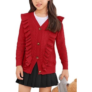Arshiner Girls Cardigan Sweaters Ruffle School Uniform Sweater V Neck Button Front Outerwear 4-13 Years - 1 of 4