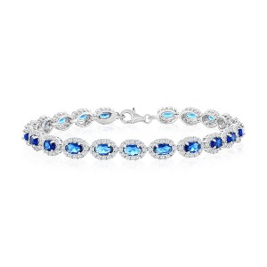 Bella Silver Sterling Silver, Oval Sapphire & White CZ Halo Bracelet - Blue - 7 Inch - 1 of 2