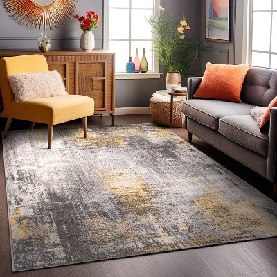 Yellow and Gray Abstract Synthetic 8' x 10' Area Rug