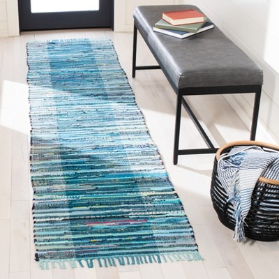 Handwoven Light Blue and Grey Striped Cotton Runner Rug