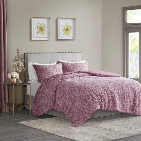 Full Queen 3pc Karena Damask Matelasse Cotton Duvet Cover Set Plum