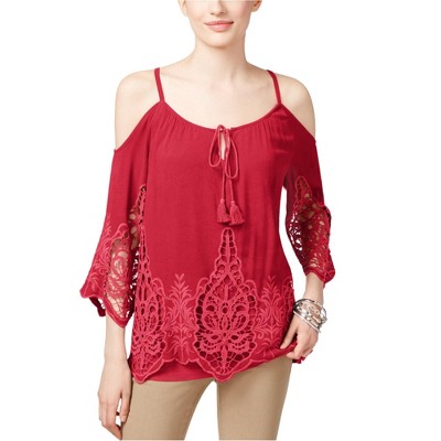 I.N.C International Concepts Womens Crochet Knit Blouse, Red, X-Small
