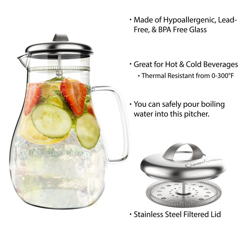 Glass Pitcher-64oz. Carafe with Stainless Steel Filter Lid- Heat Resistant to 300F-For Water, Coffee, Tea, Punch, Lemonade and More by Classic Cuisine, 3 of 8