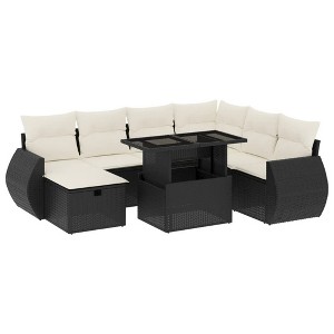 vidaXL 8 Piece Patio Sofa Set with Cushions Black and Cream Poly Rattan - 1 of 4