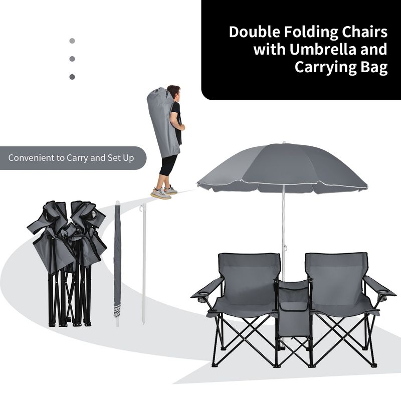 Portable Folding Picnic Double Chair W/Umbrella Table Cooler Beach Camping Turquoise\Black\Red\Gray, 5 of 11