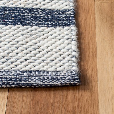 Ivory and Navy Striped Kilim 7' Square Wool-Cotton Rug
