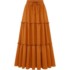 Women's Boho Beach Maxi Skirt - Trendy High Waist Pleated Ruffle Long Skirt with Pockets Orange - 1 of 4