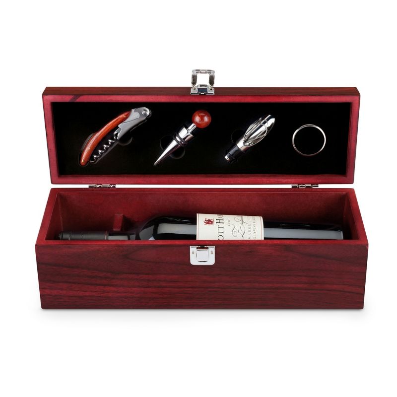 True Cherry 1-Bottle Wine Accessories Gift Set | Premium Corkscrew Opener Kit, Drip Ring, Wine Pourer, Stopper in Wood Case with Padded Insert, Brown, 1 of 9
