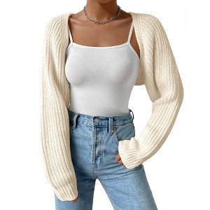 Women's Long Sleeve Open Front Knitted Crop Sweater Cardigan Drop Shoulder Knit Bolero Shrug - 1 of 4