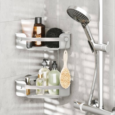 Gray Plastic Suction Mount Shower Corner Basket