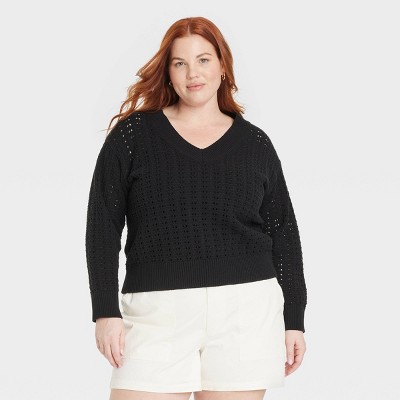 Women's Openwork V-Neck Pullover Sweater - Universal Thread™