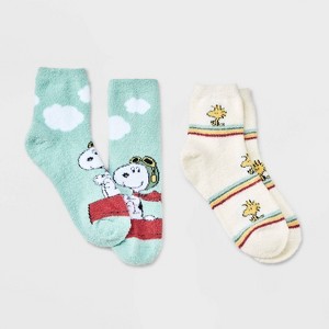 Women's Peanuts 2pk Cozy Ankle Socks - Blue/Ivory 4-10 - 1 of 3