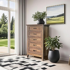 Rustic Wood 5 Drawer Dresser for Closet, Tall Chest of Drawers with Wide Metal Handles, Dressers Organizer for Living Room - 1 of 4