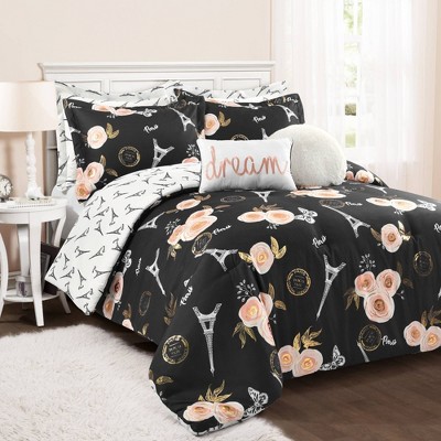 King 7pc Vintage Paris Rose Butterfly Script Comforter Set Black - Lush Décor