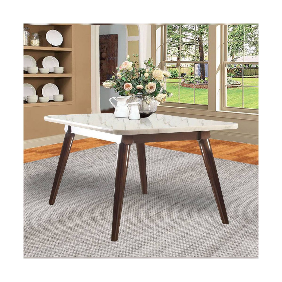 Acme Furniture 64" Gasha Dining Table White Marble/Walnut: Elegant Rectangular Kitchen Table for 6, Wood Base - thumbnail 2