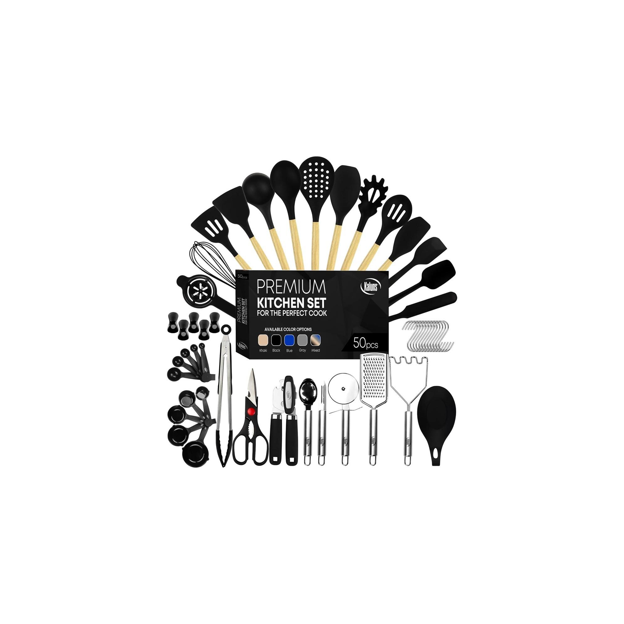 Kaluns Kitchen Utensils Set, 50 Piece Silicone And Stainless Steel Cooking Utensils, Dishwasher Safe and Heat Resistant Kitchen Tools, Black
