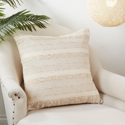 Ivory Frayed Stripe Square Cotton Throw Pillow