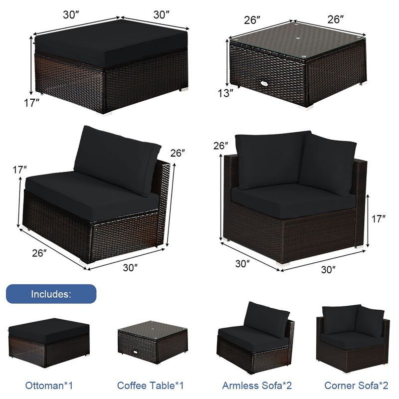 Costway 6PCS Outdoor Patio Rattan Furniture Set Cushioned Sectional Sofa Navy\Black\Turquoise, 5 of 11