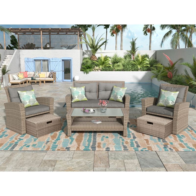 Eden 6 Piece Outdoor Conversation Set All Weather Wicker Sectional Sofa with Ottoman and Cushions Patio Furniture Set-Maison Boucle, 3 of 11
