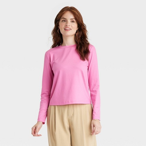 Women's Slim Fit Long Sleeve Knit Satin Scoop T-shirt - A New Day™ Pink Xl  : Target