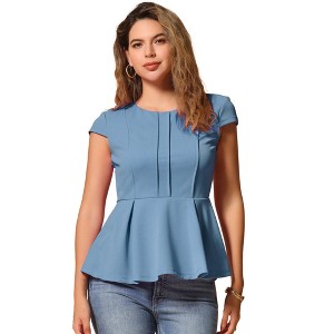 INSPIRE CHIC Women's Elegant Round Neck Cap Sleeve Solid Color Peplum Blouses - 1 of 4