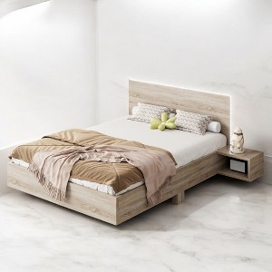 Mshliw Wooden Floating Platform Bed with LED Lights and Built-in Nightstands - Modern Design, Sturdy Frame - 1 of 4