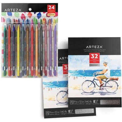 Arteza Art Set - 24 Woodless Watercolor Pencils and 2 Pack of Watercolor Paper Pads Bundle (ARTZ-NBNDL106)